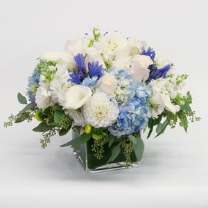 blue hydrangea and white calla lily bouquet Regal Blue and White Cube – Brattle Square Florist