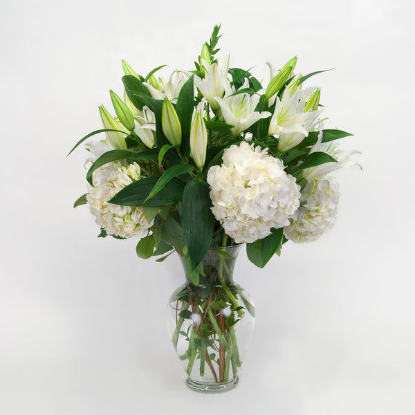 artificial white lily flower arrangement White Lily and Hydrangea – Brattle Square Florist